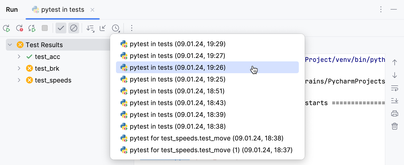 Viewing results of previous tests Viewing results of previous tests