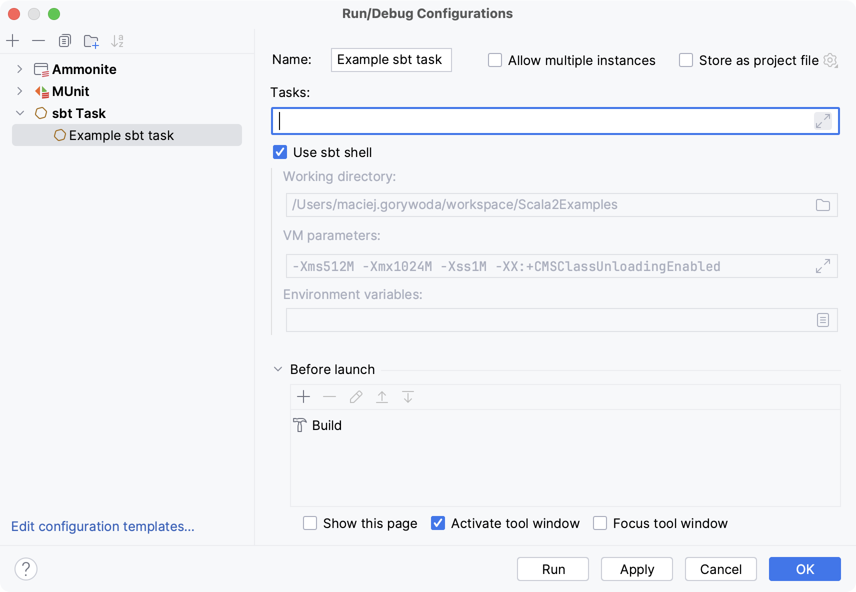 Run/Debug Configuration sbt Task