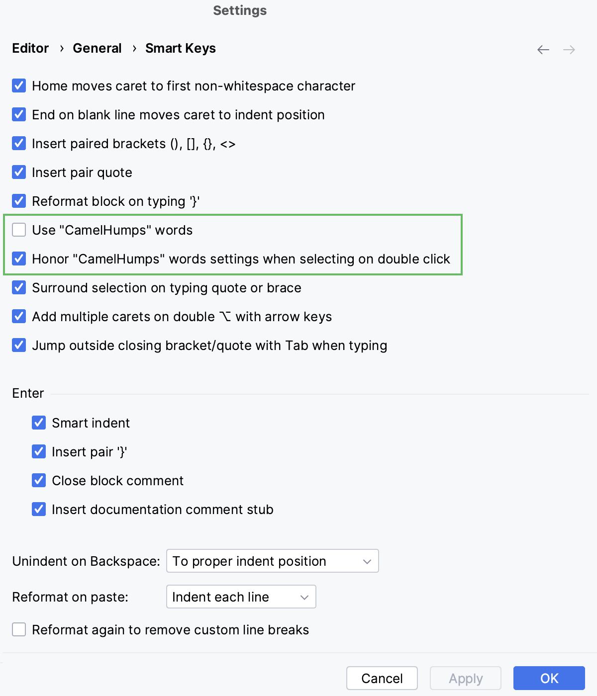 CamelHumps woeds settings