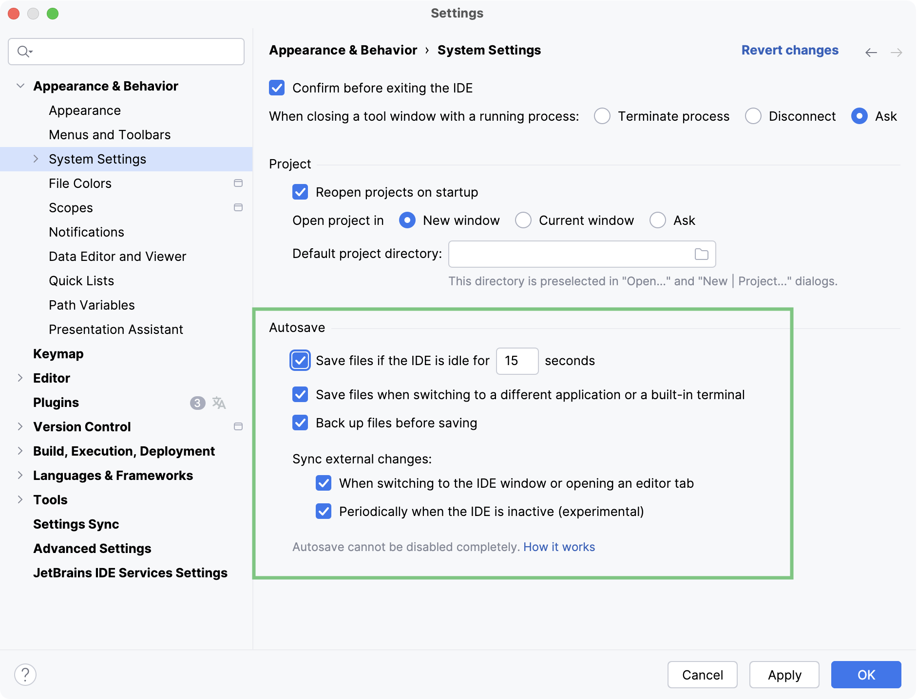 Configure autosave behavior