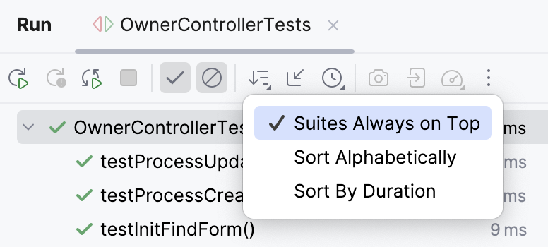 Filter test results options in the tests results toolbar Filter test results options in the tests results toolbar