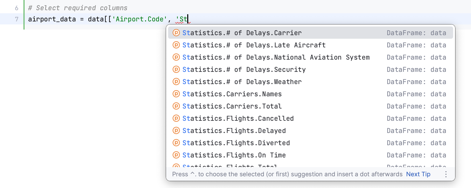 Auto completion of column headers names