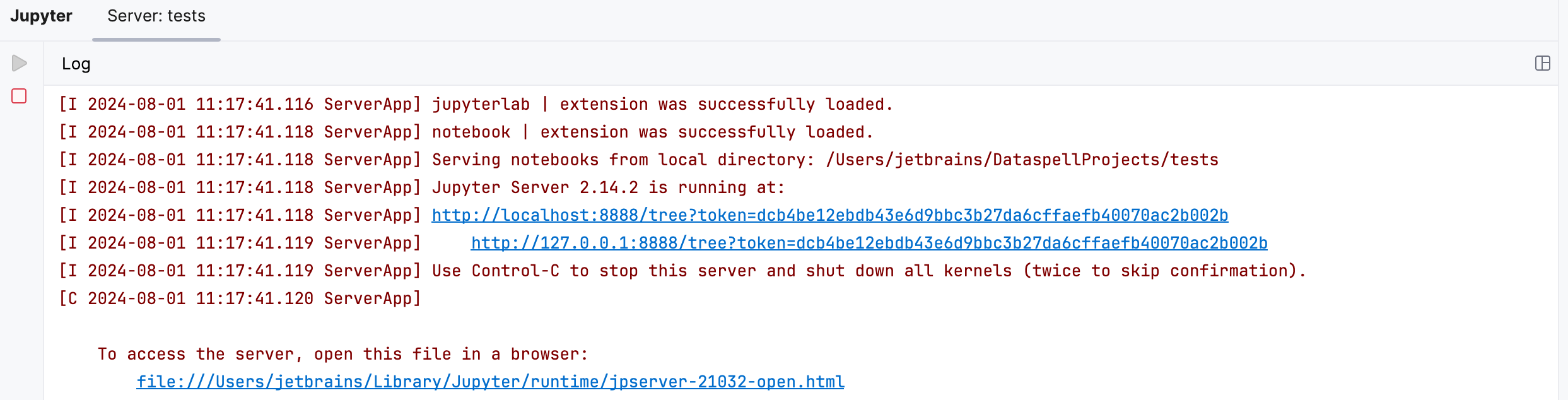 Jupyter server tool window: the Server log tab