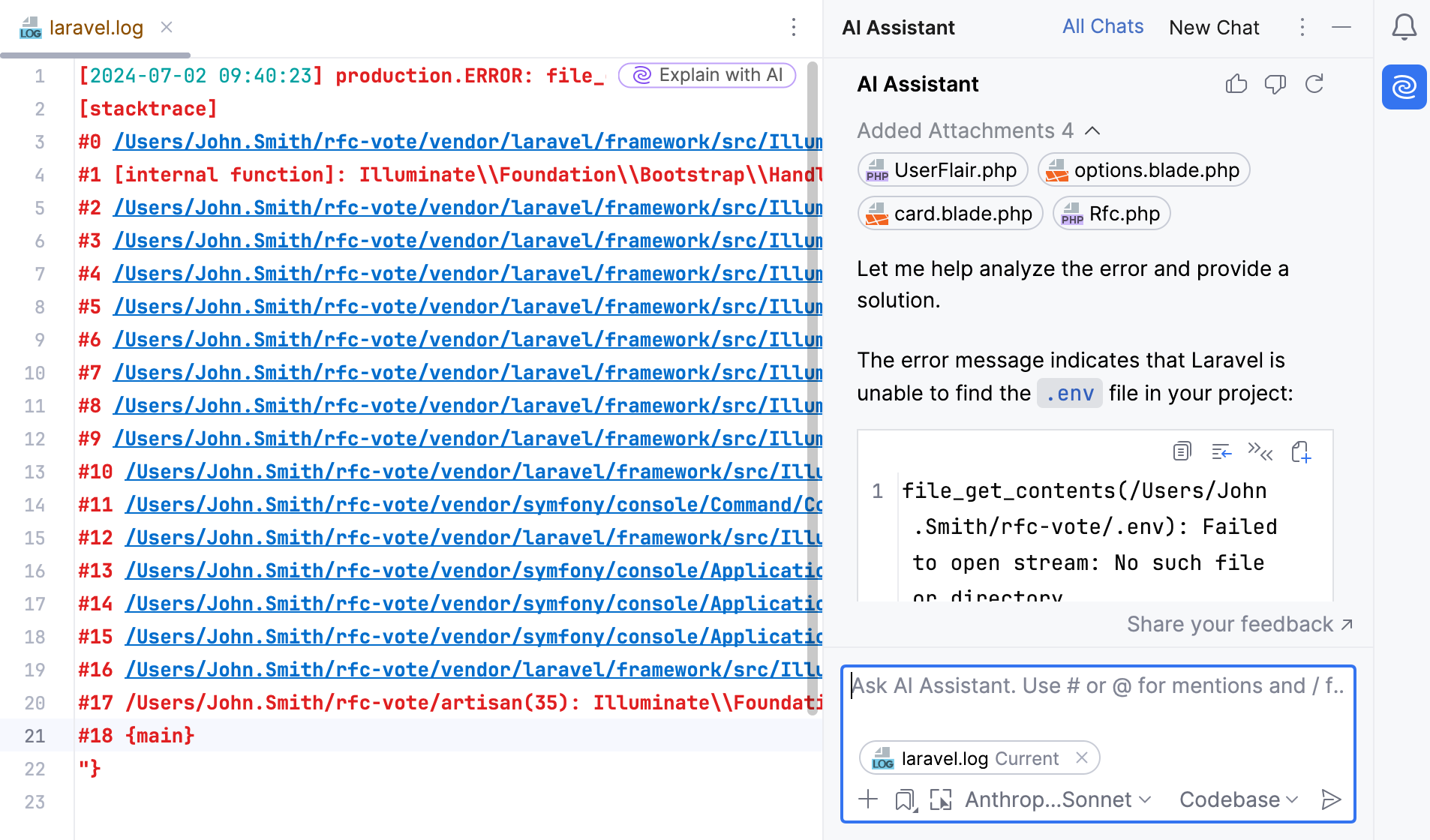 Explain logs with AI in the editor