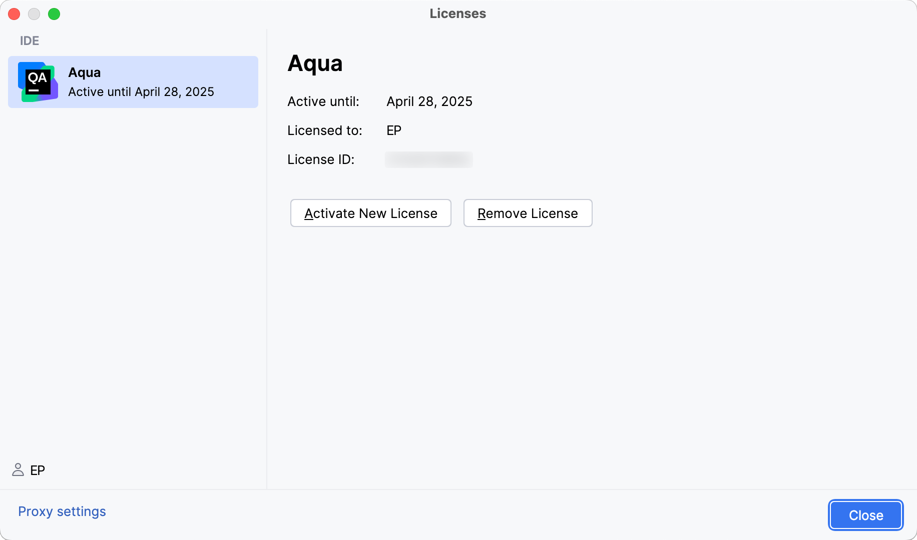 Activate Aqua license with a JB Account. License details.