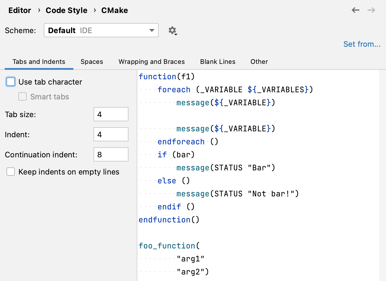 CMake code style settings