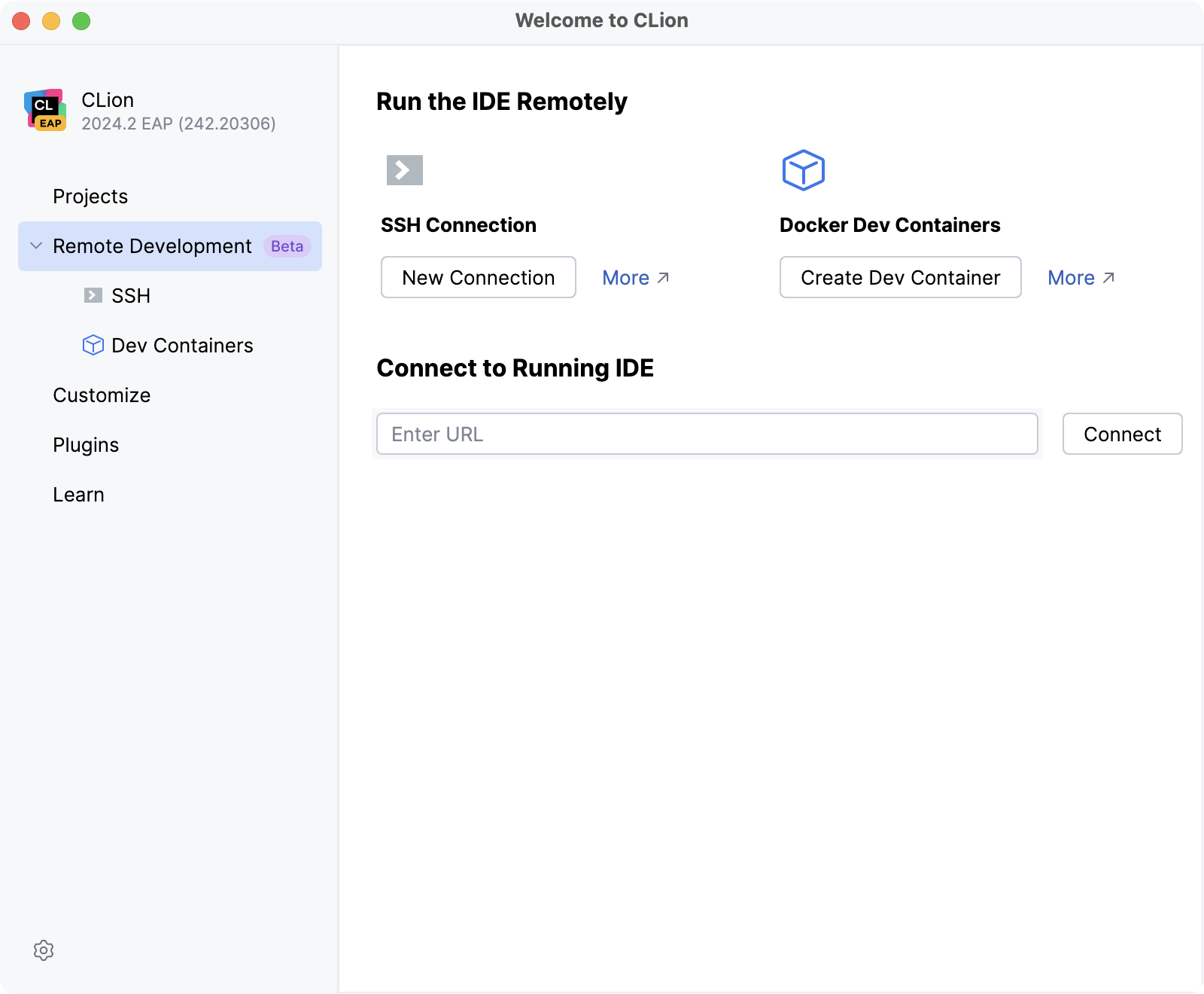 Configuring remote development settings on Welcome screen