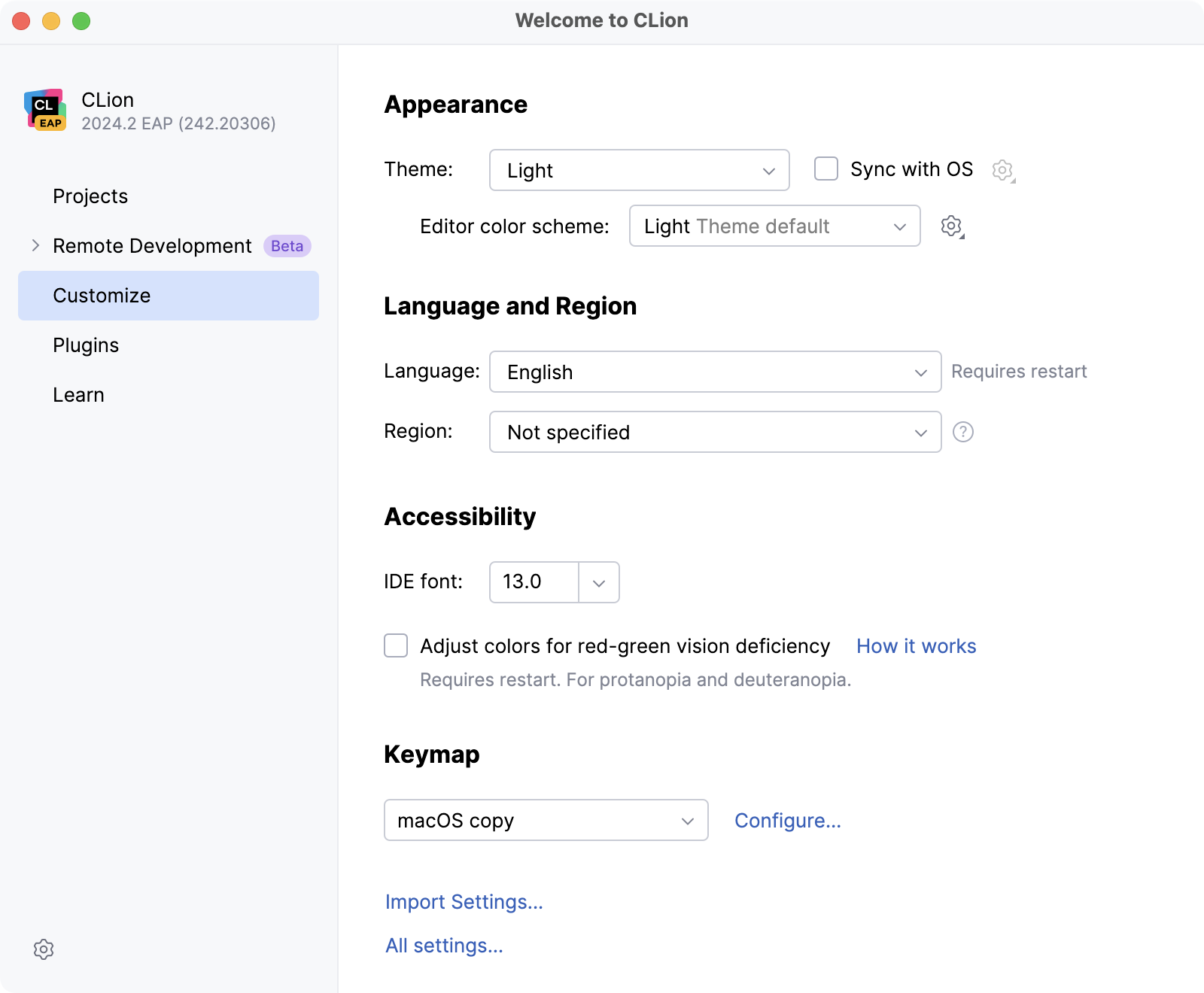 Customize the IDE when running for the first time