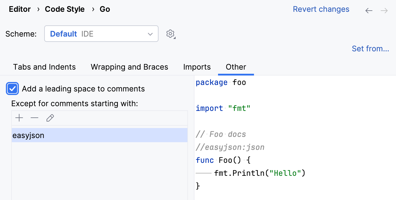 Configure leading spaces for comments in Go