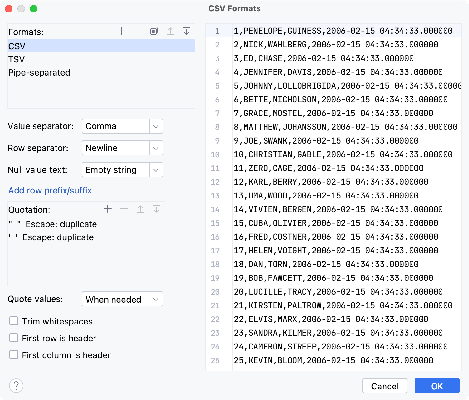 CSV Formats dialog