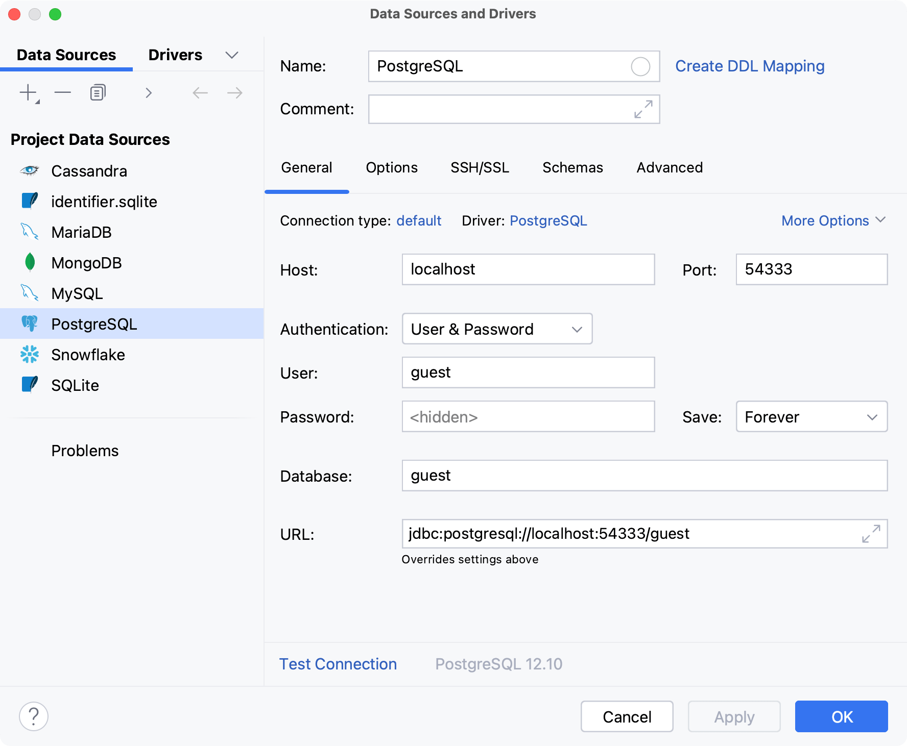 the Data Sources and Drivers dialog the Data Sources and Drivers dialog