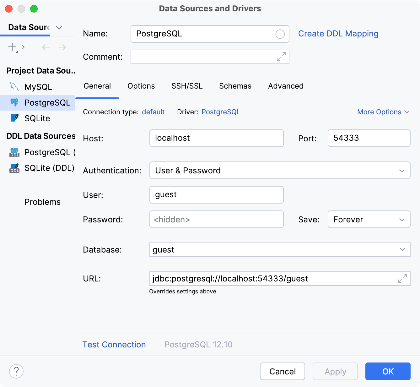 Data Source and Drivers dialog: General tab of Data Sources settings Data Source and Drivers dialog: General tab of Data Sources settings