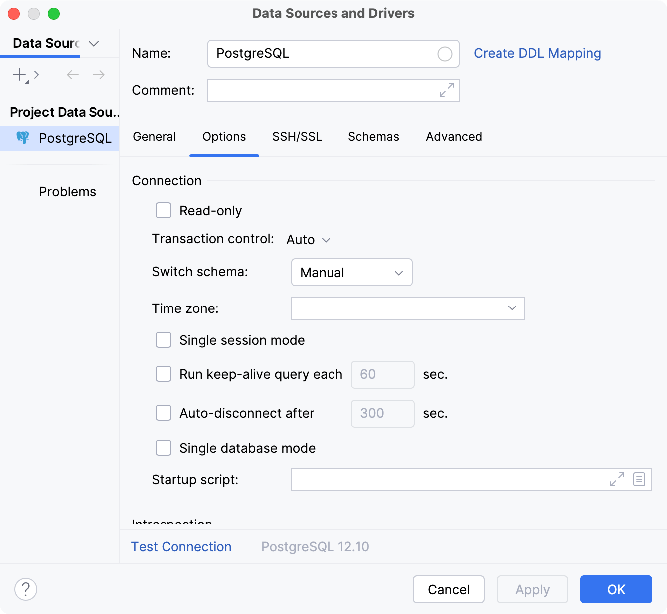 Data Source and Drivers dialog: Options tab of Data Sources settings Data Source and Drivers dialog: Options tab of Data Sources settings