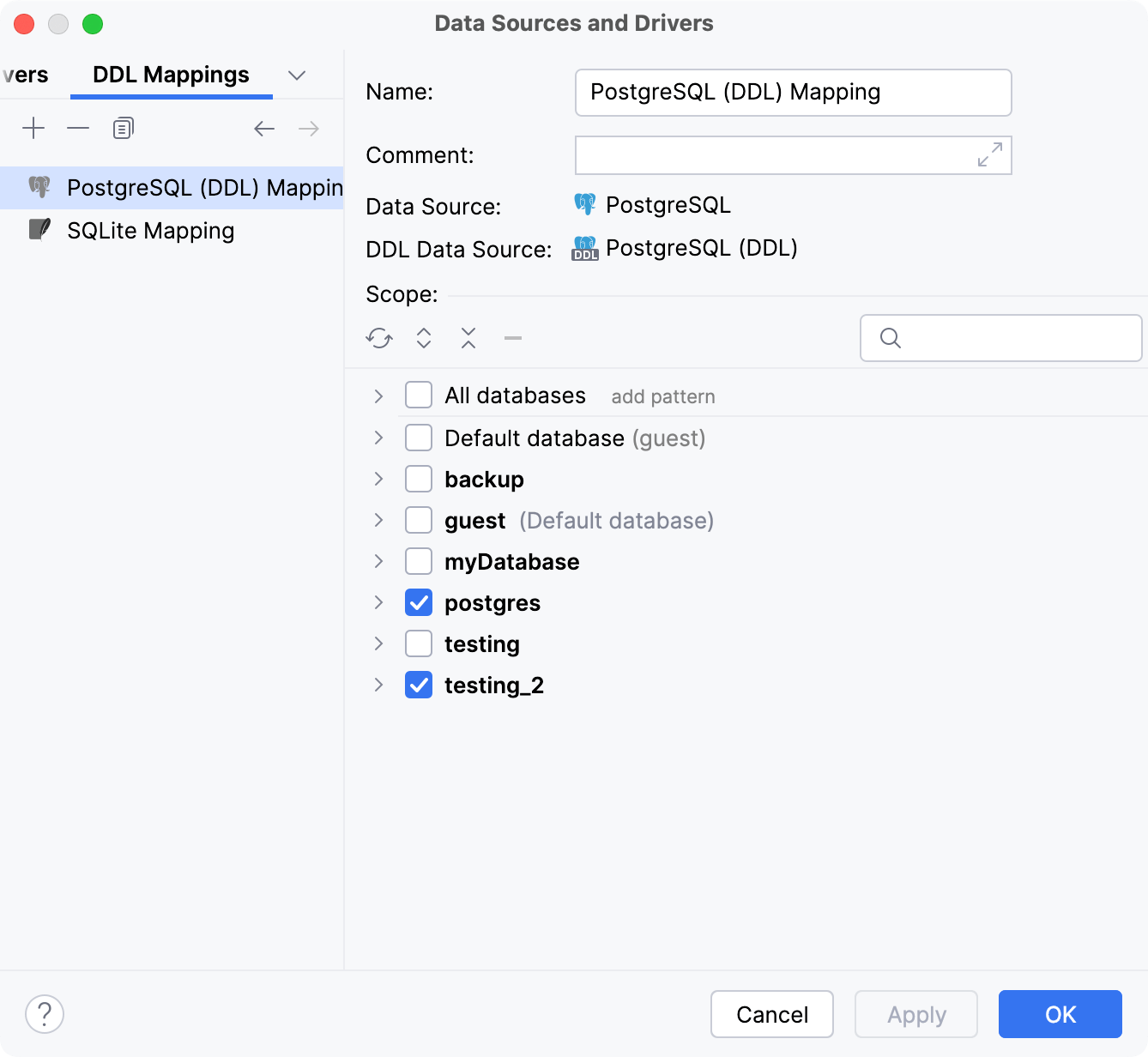 Data Source and Drivers dialog: list of DDL mappings settings Data Source and Drivers dialog: list of DDL mappings settings