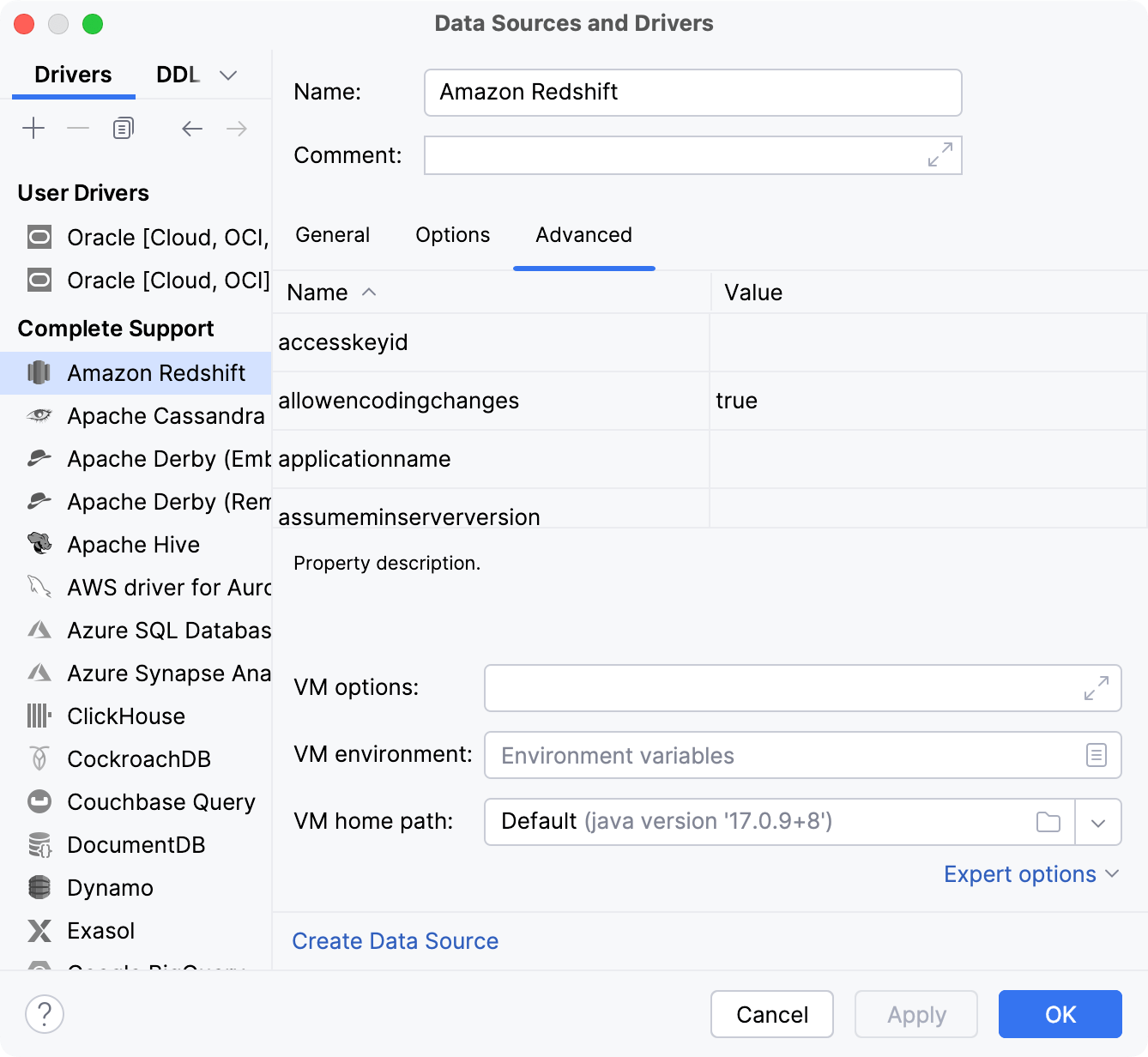 Data Source and Drivers dialog: Advanced tab of Drivers settings Data Source and Drivers dialog: Advanced tab of Drivers settings
