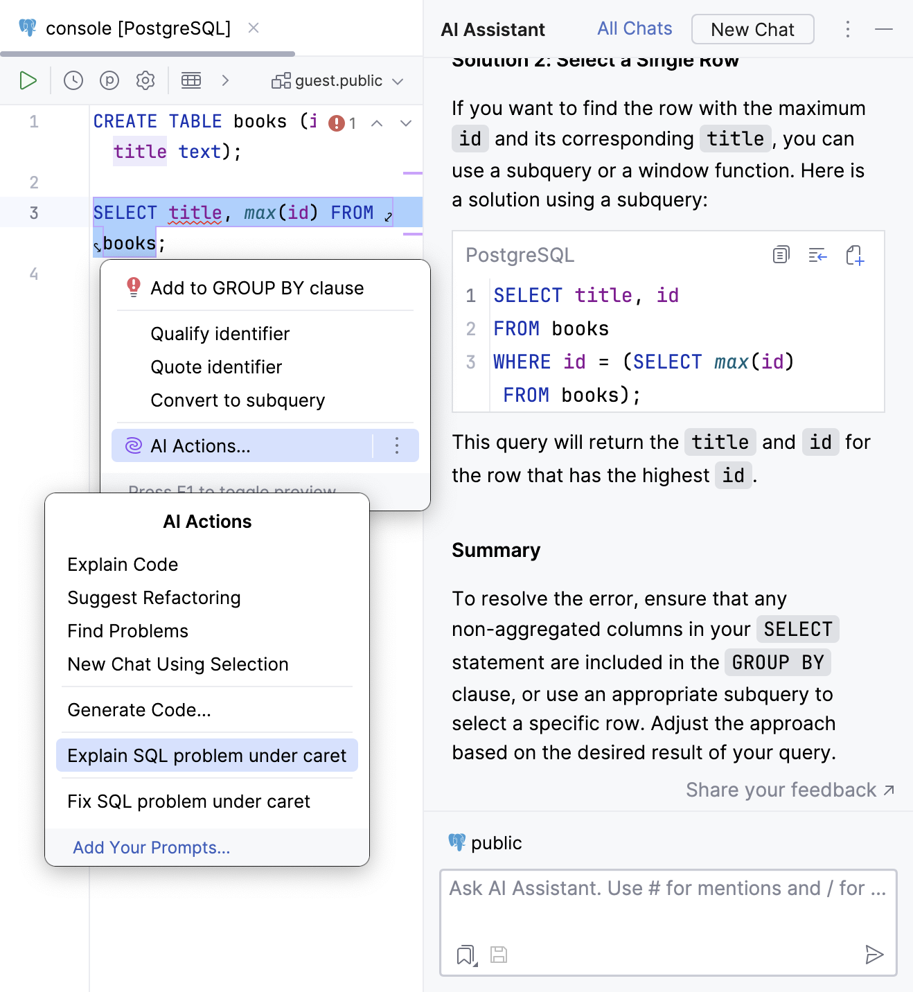 AI Assistant explains problems in the selected SQL code