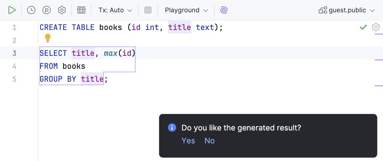 AI Assistant suggests a fix for the problems of selected SQL code