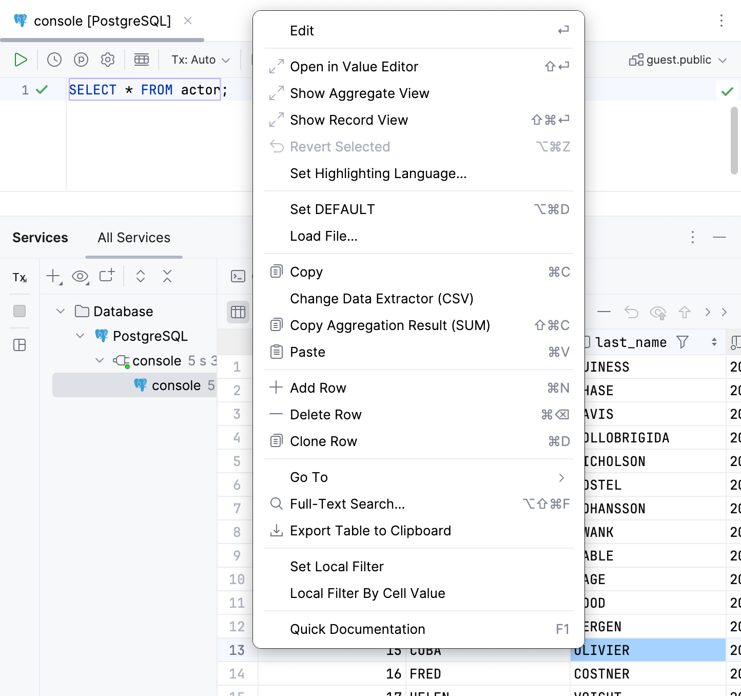 Context menu of a cell in data editor