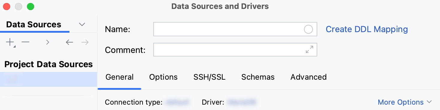 General tab of the Data Sources and Drivers dialog General tab of the Data Sources and Drivers dialog