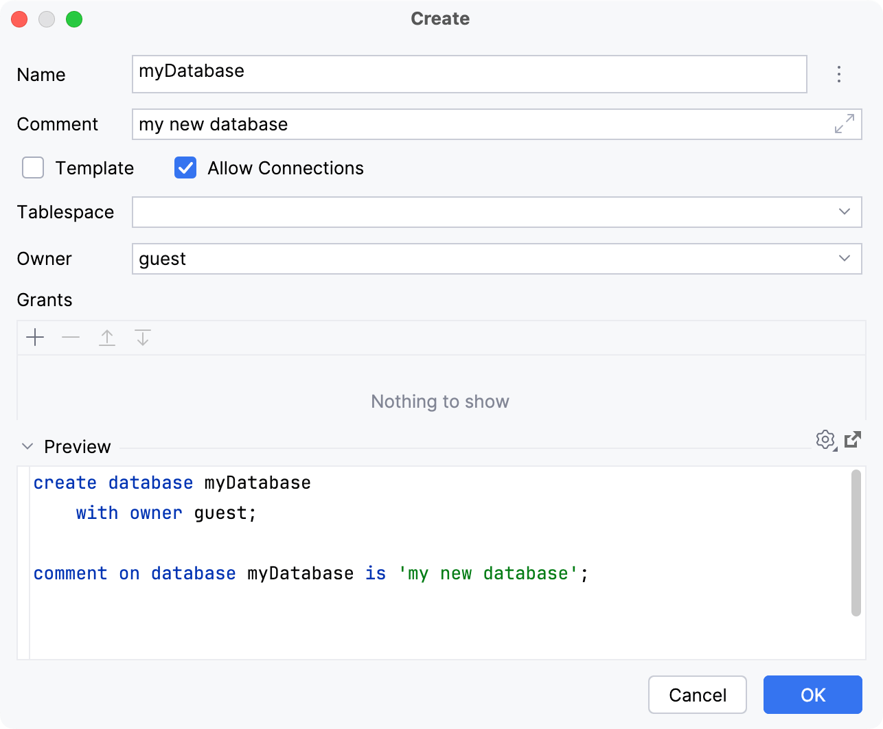 the Create database dialog