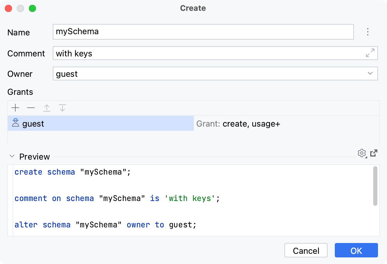 the Create schema dialog the Create schema dialog