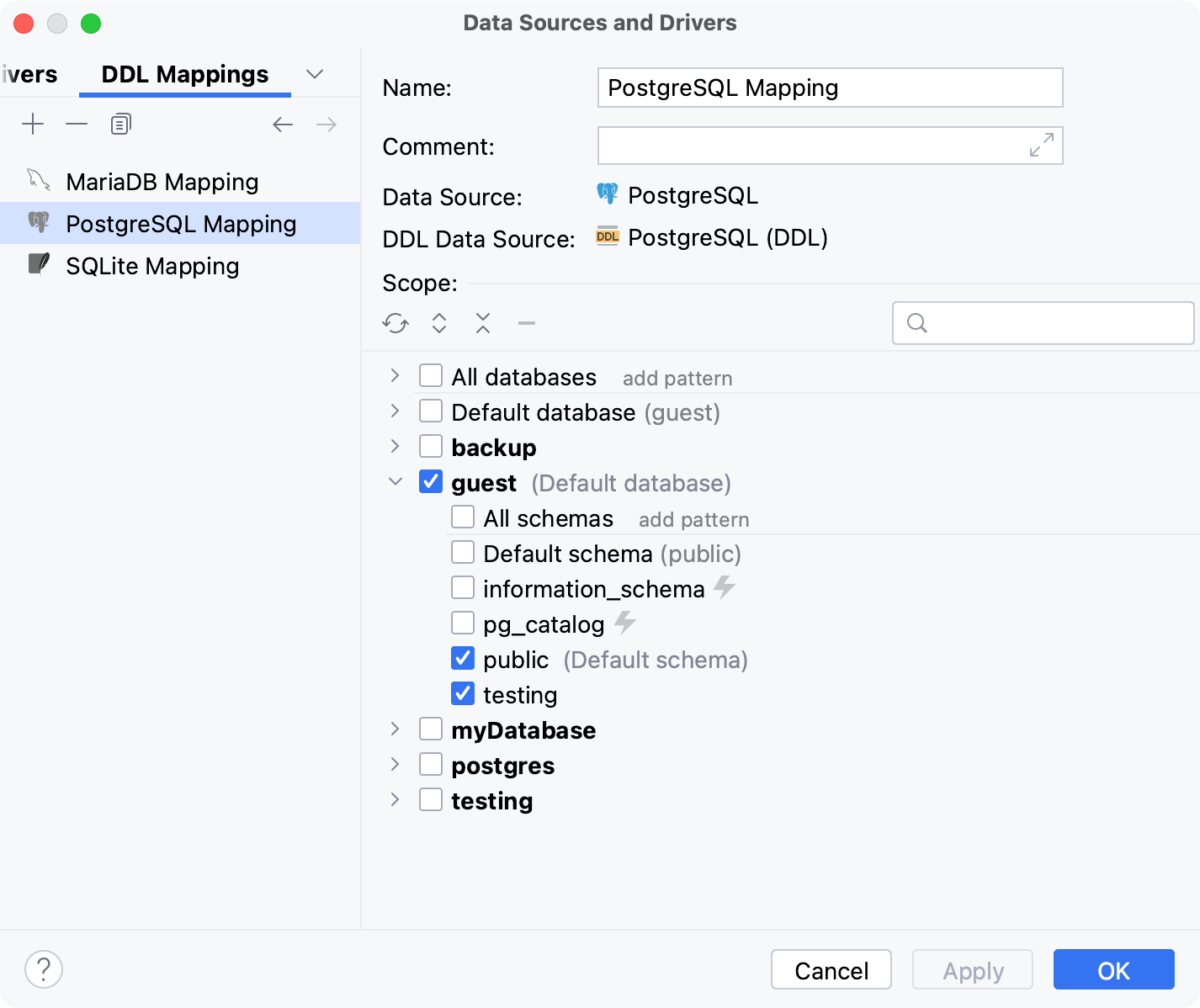 DDL Mappings tab in the Data Sources and Drivers dialog DDL Mappings tab in the Data Sources and Drivers dialog