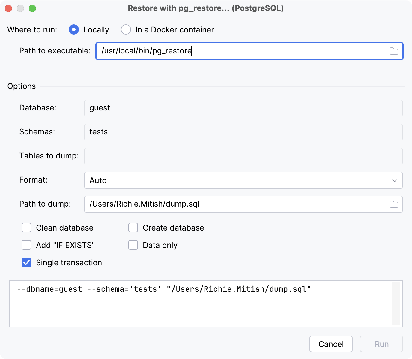 the Restore with pg_restore dialog
