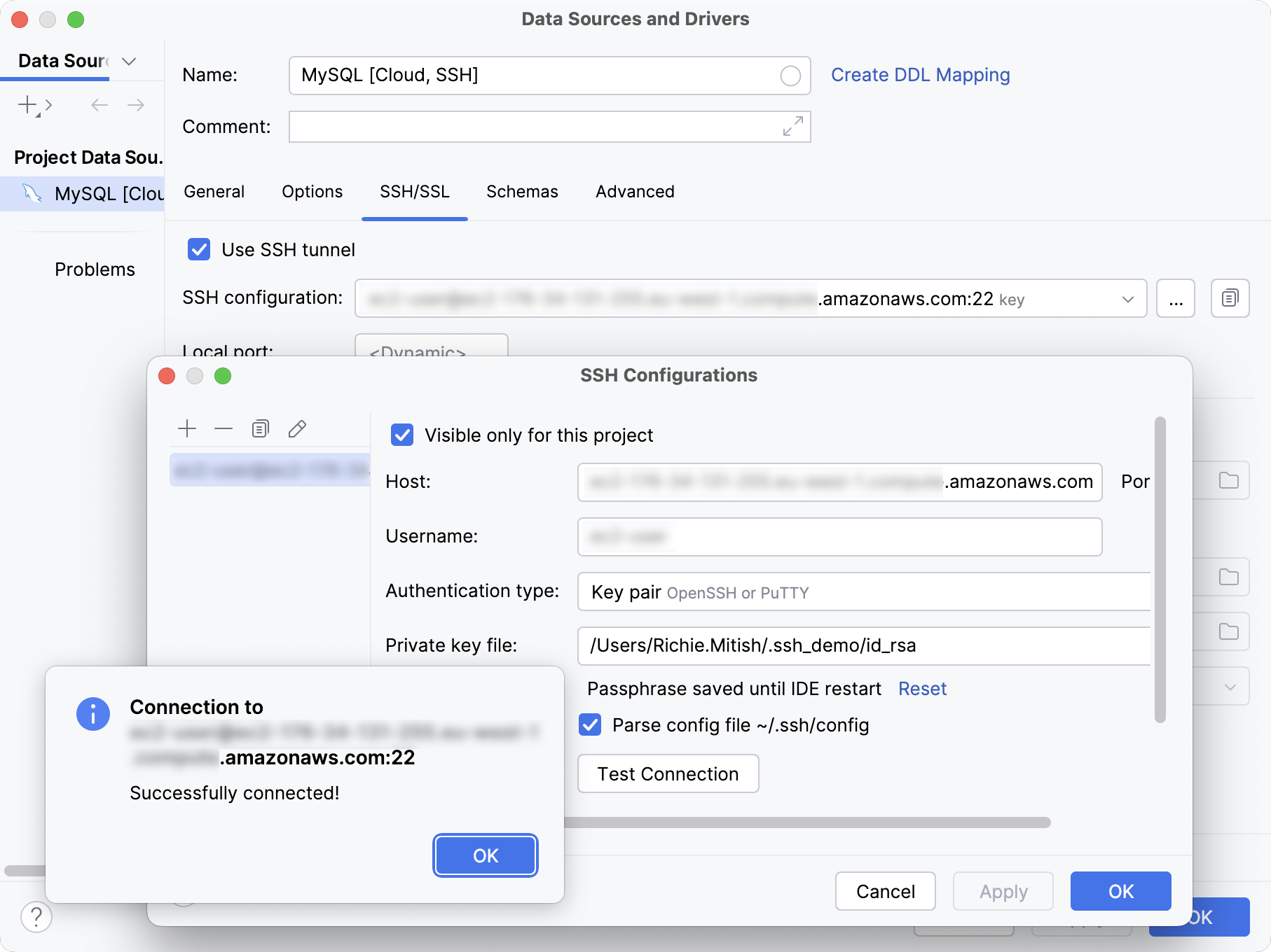 SSH configuration and successful test connection to the jump host SSH configuration and successful test connection to the jump host
