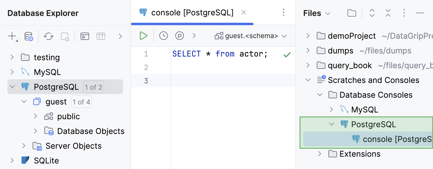 Query console of a data source