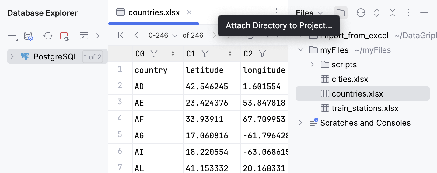 Directory with the Excel file is attached to the DataGrip project