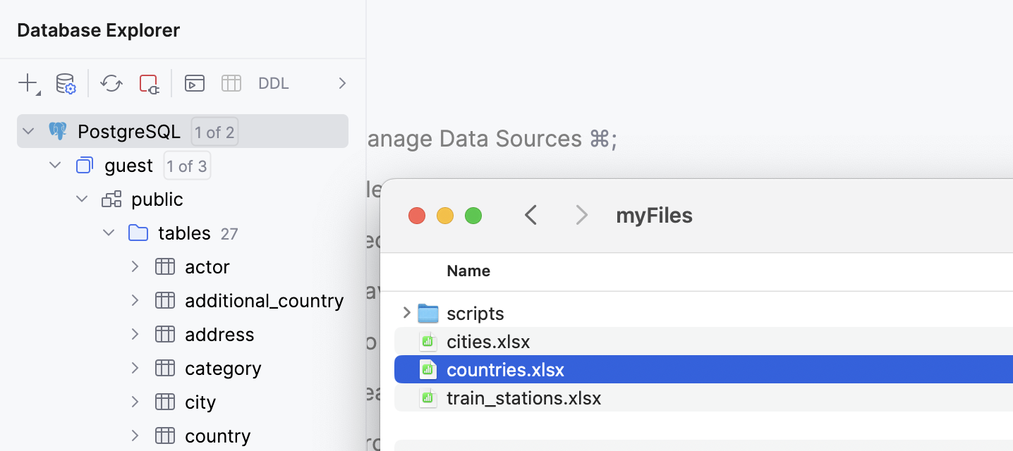 Data source with the Sakila database and the Excel file