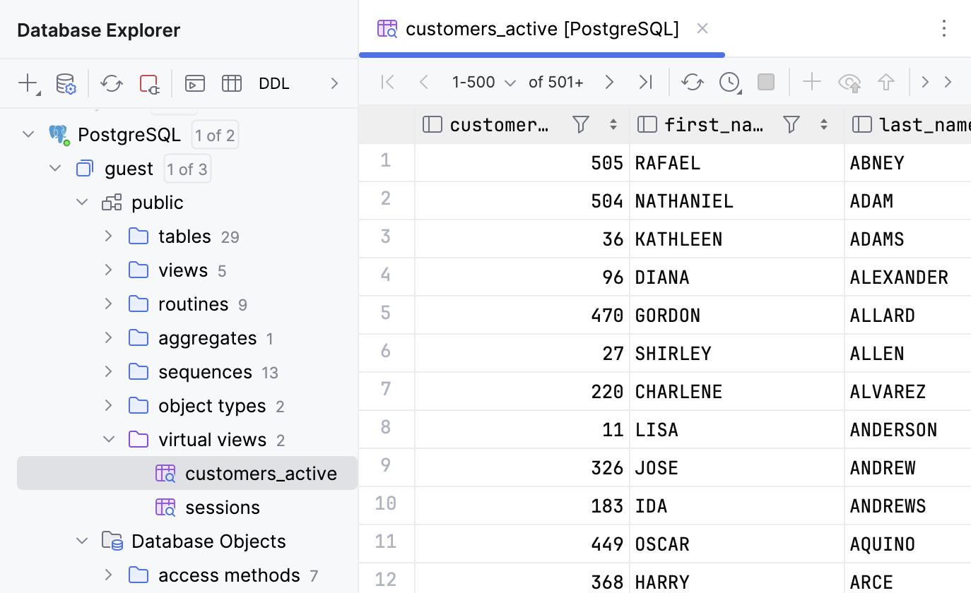 Virtual view result set in a data editor tab