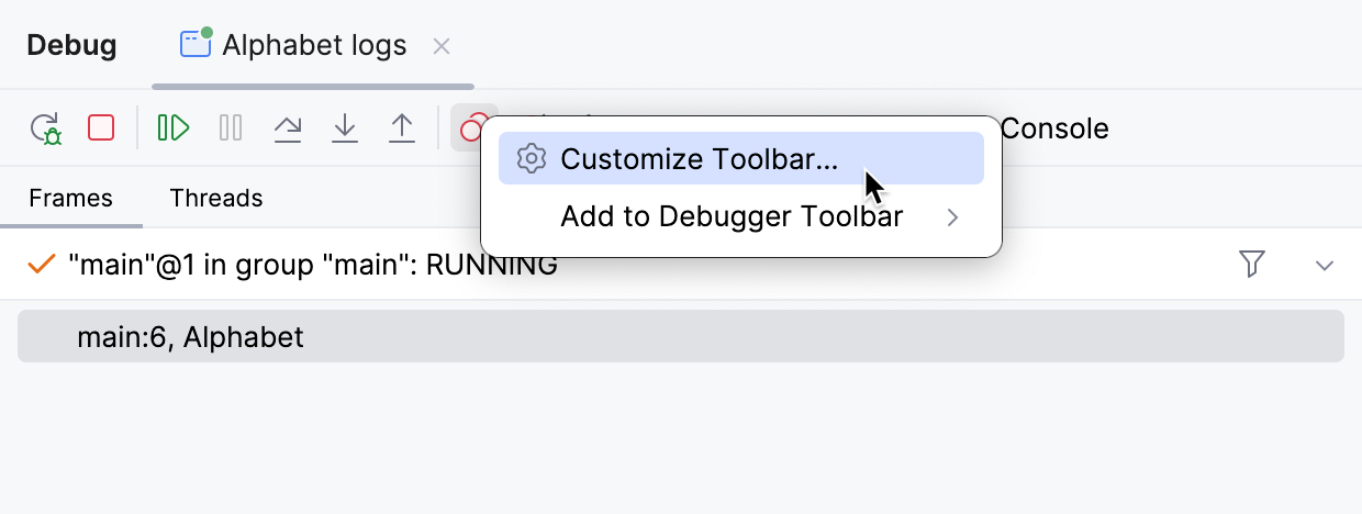 The 'Customize toolbar' option in the context menu of the debugger's toolbar