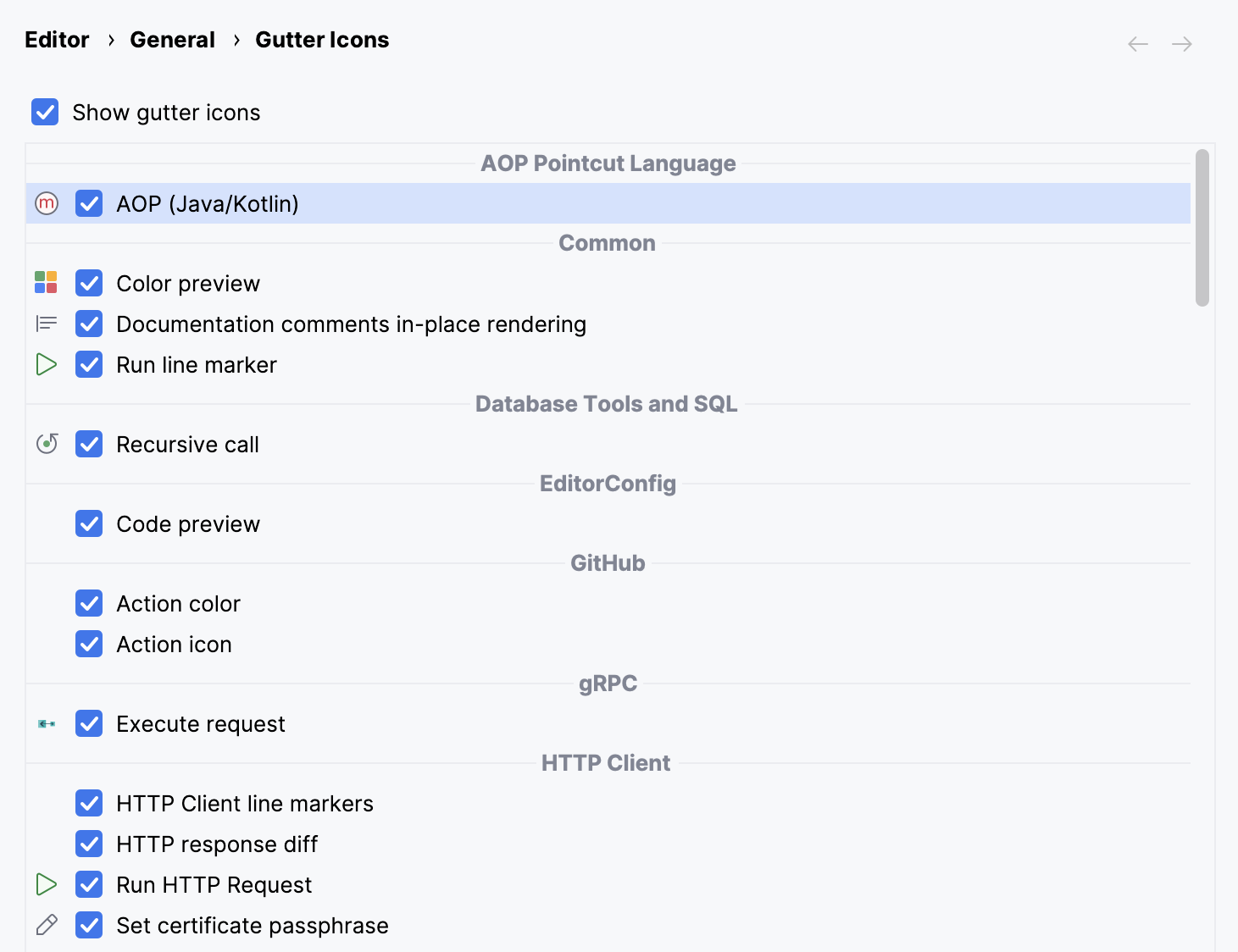 Gutter icons settings in the Settings dialog