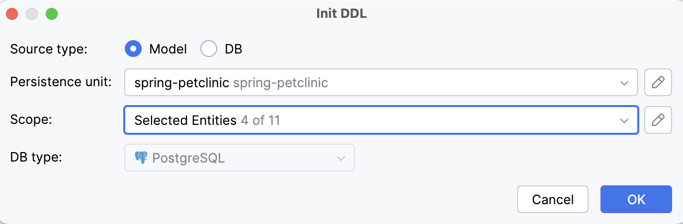 Generate DDL by Entity window