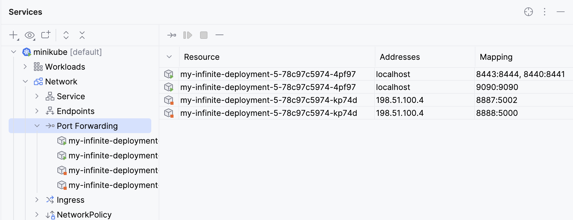 List of port forwarding sessions