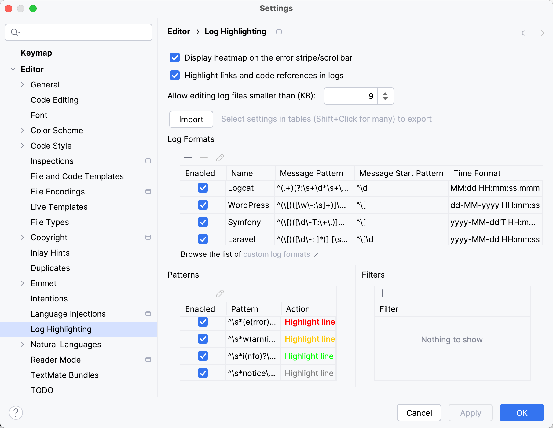 Log Highlighting settings