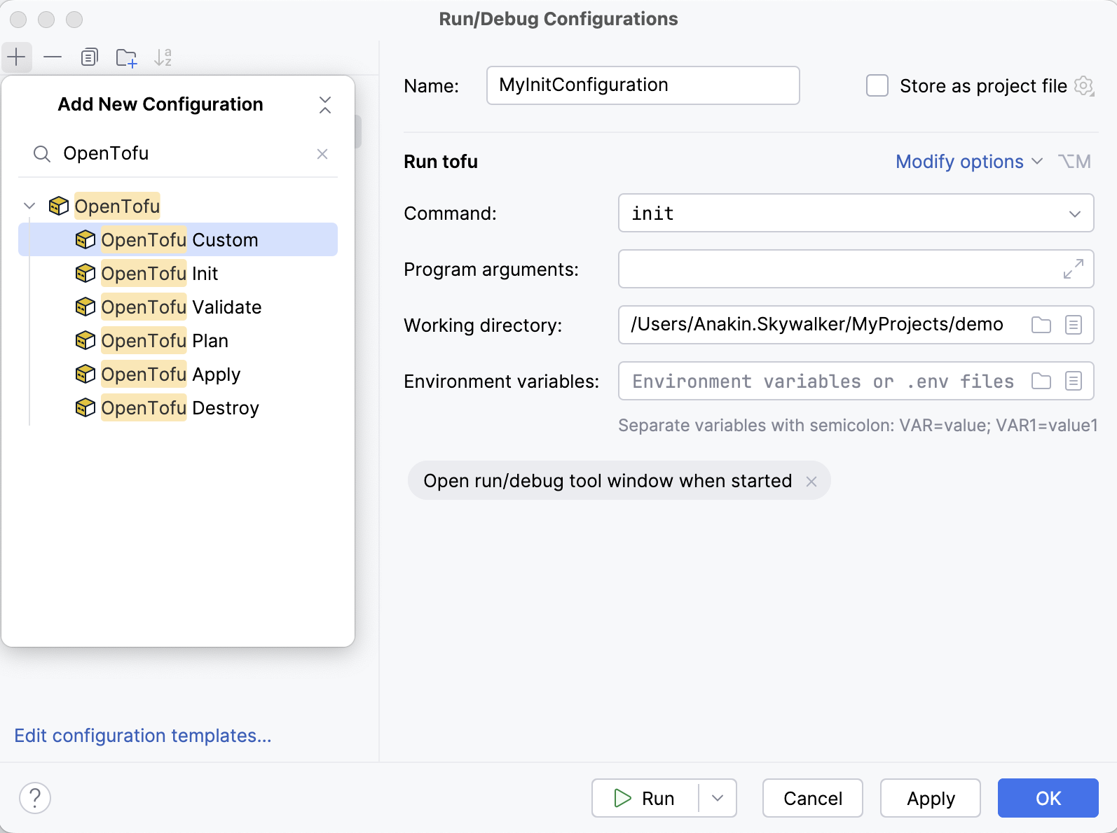 Terraform run configuration