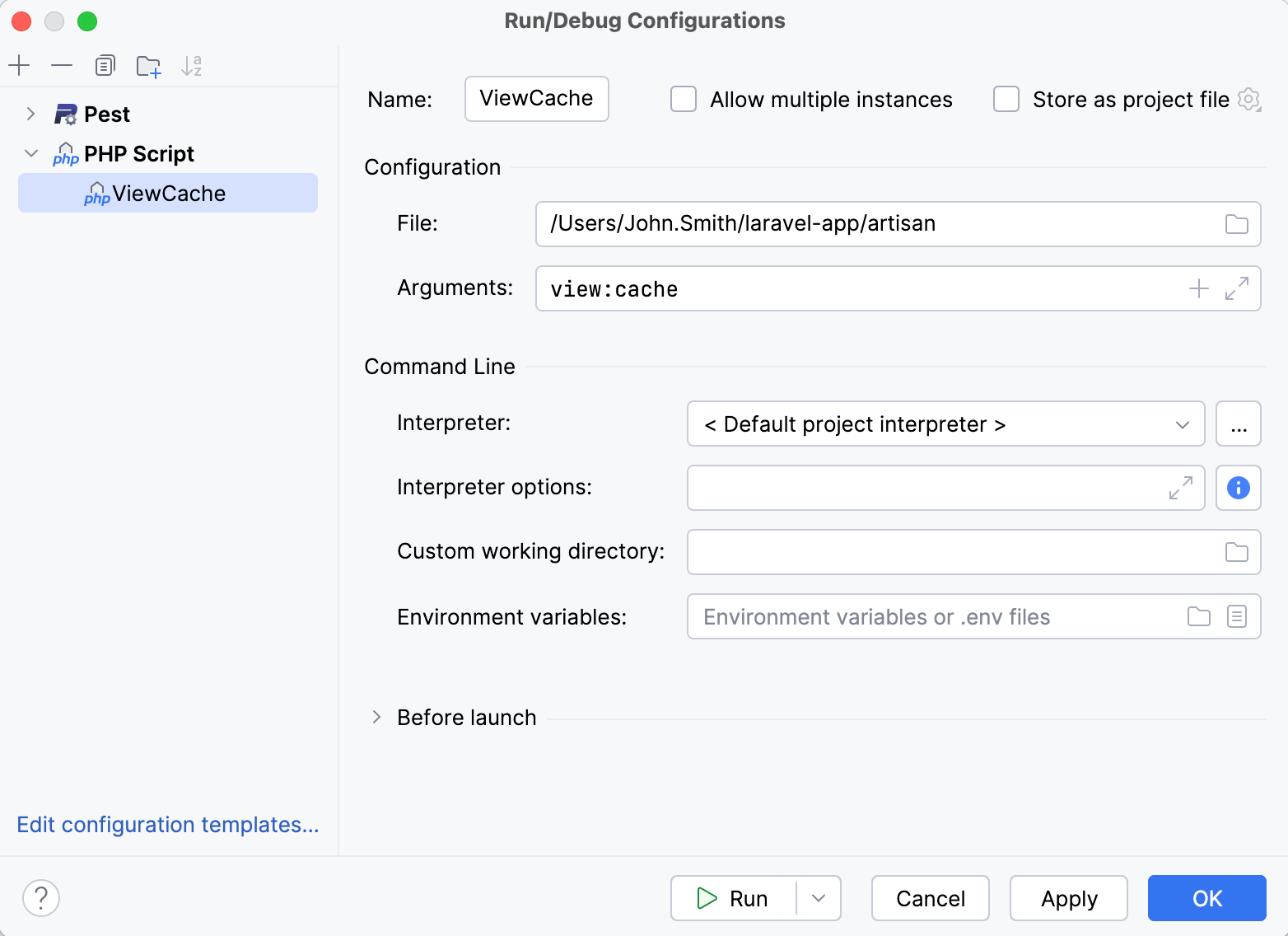 PHP Script run/debug configuration for Artisan