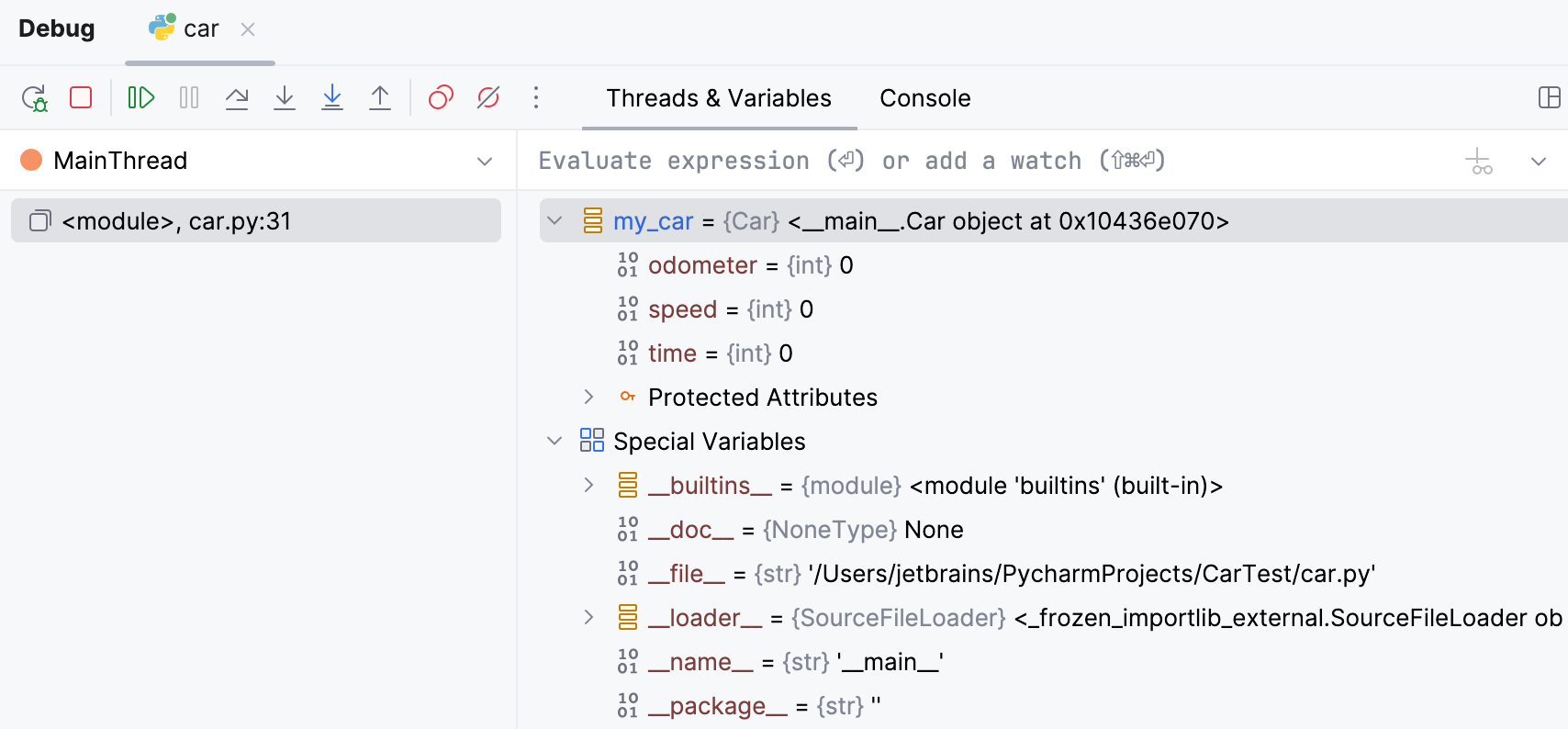 The Variables tab shows you the variables visible from the current execution point