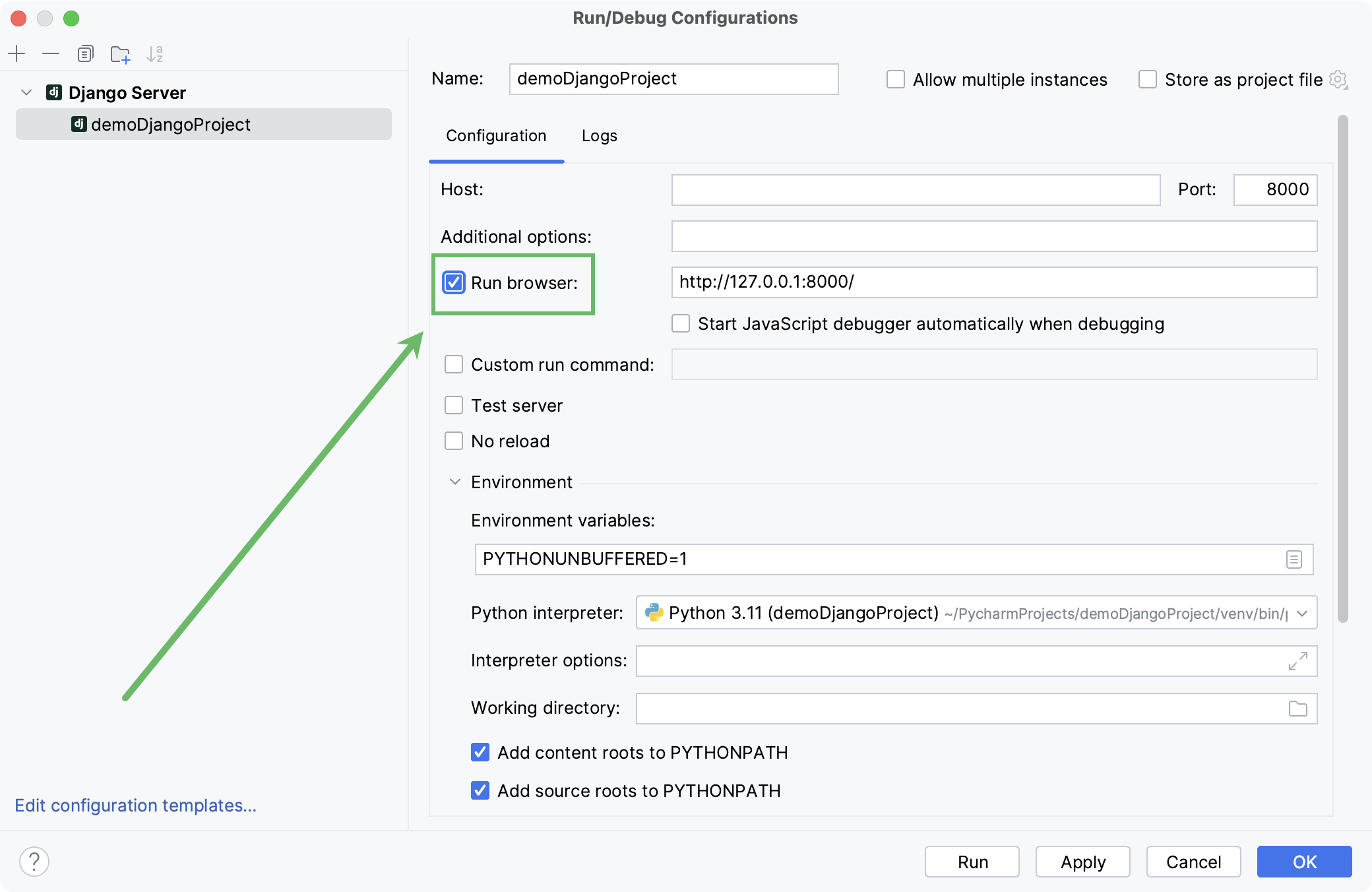 Run/Debug configuration for a Django server