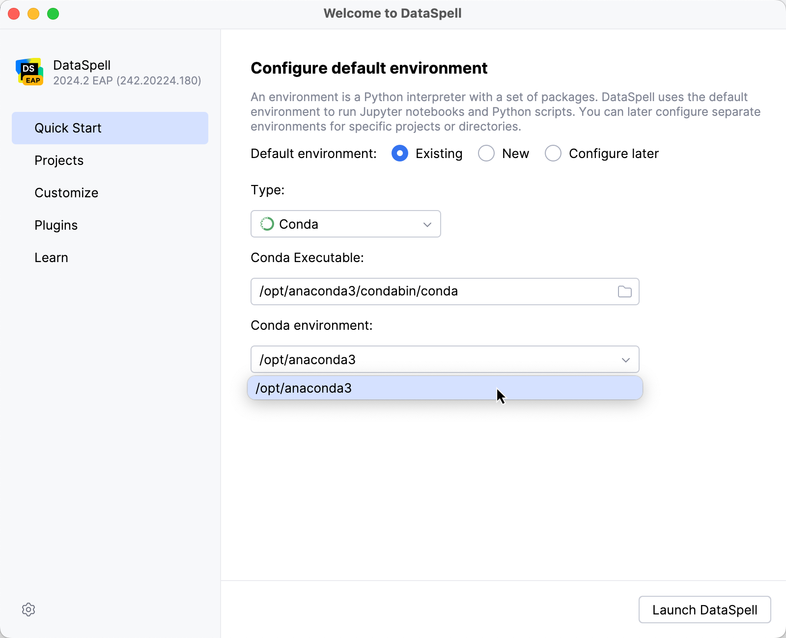 Select an existing conda environment