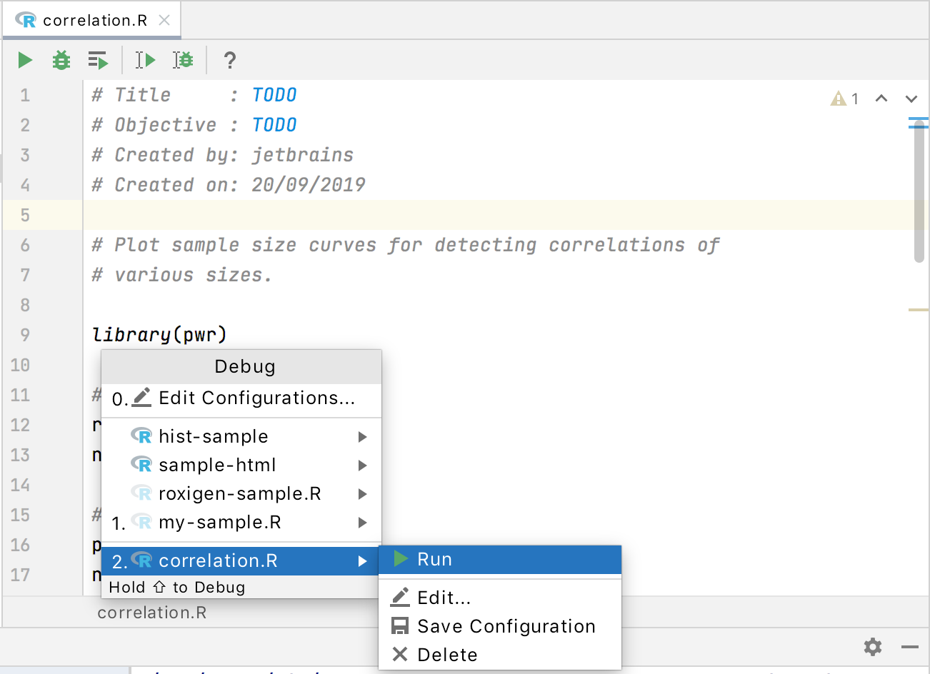 temporary run/debug configuration