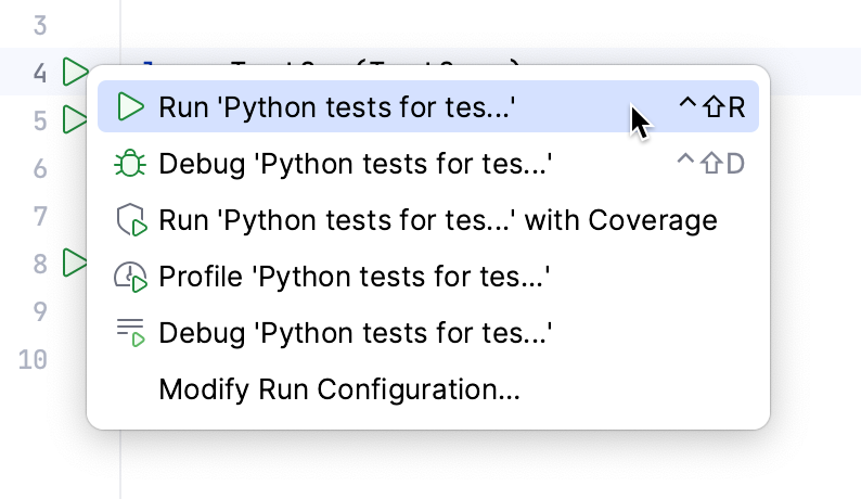 Running a test from the context menu