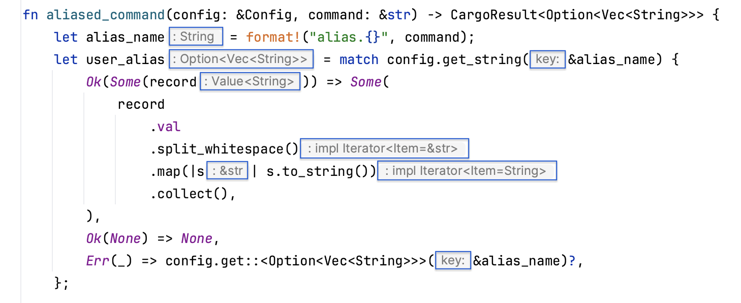 Inlay hints: function parameters, types, chained method calls