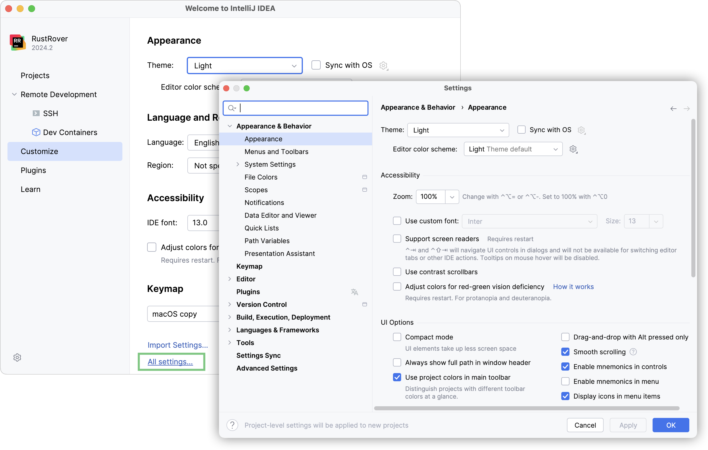 Configuring new default settings for projects