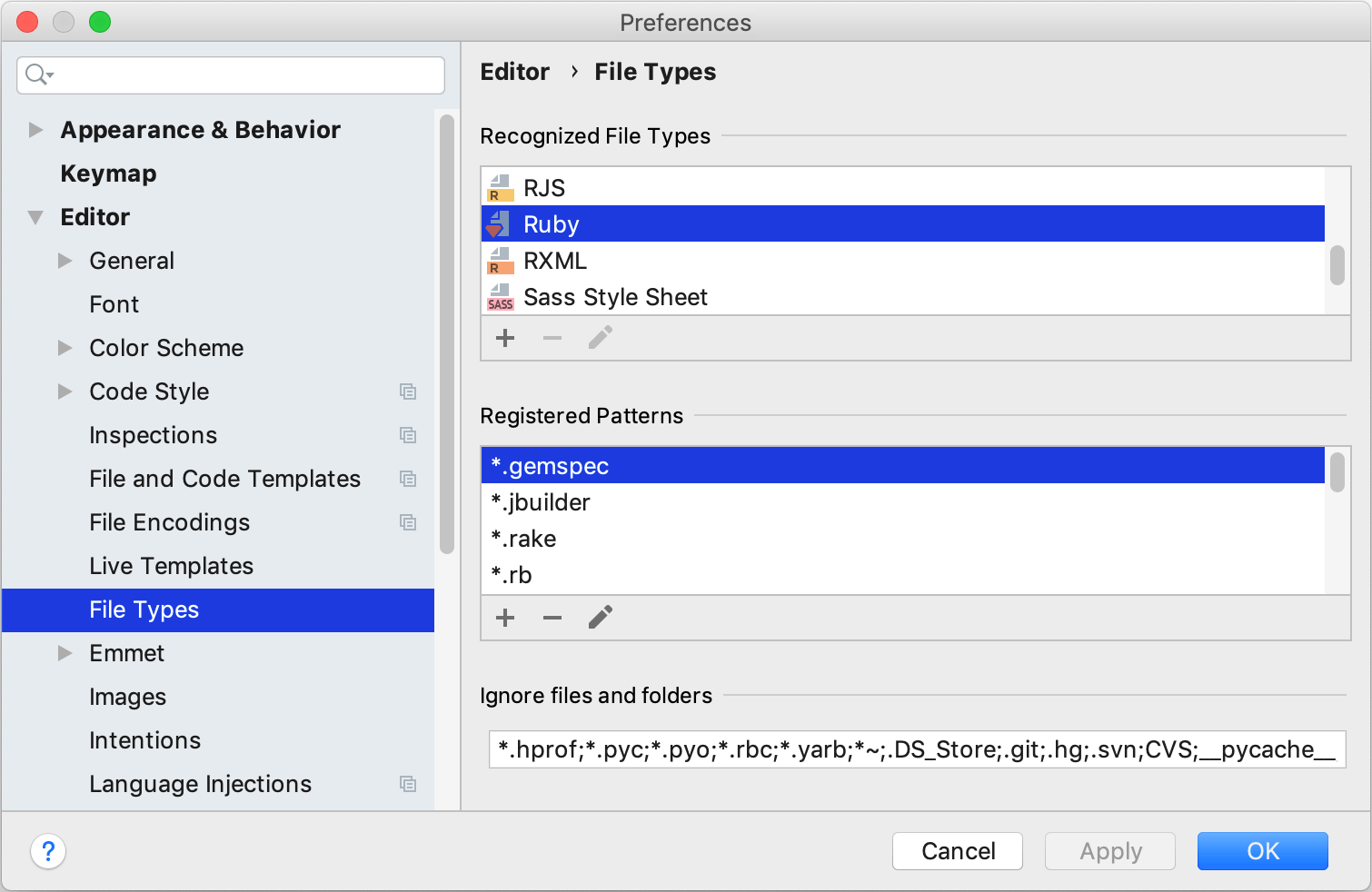 File type settings