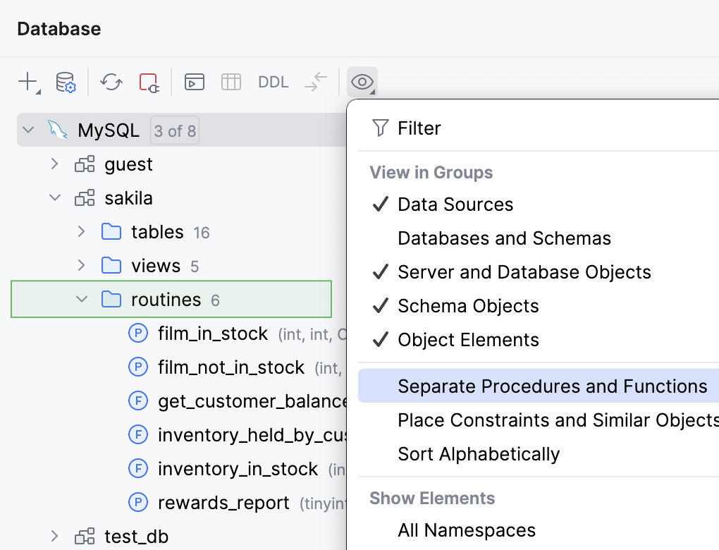 Routines display enabled in Database tool window Routines display enabled in Database tool window