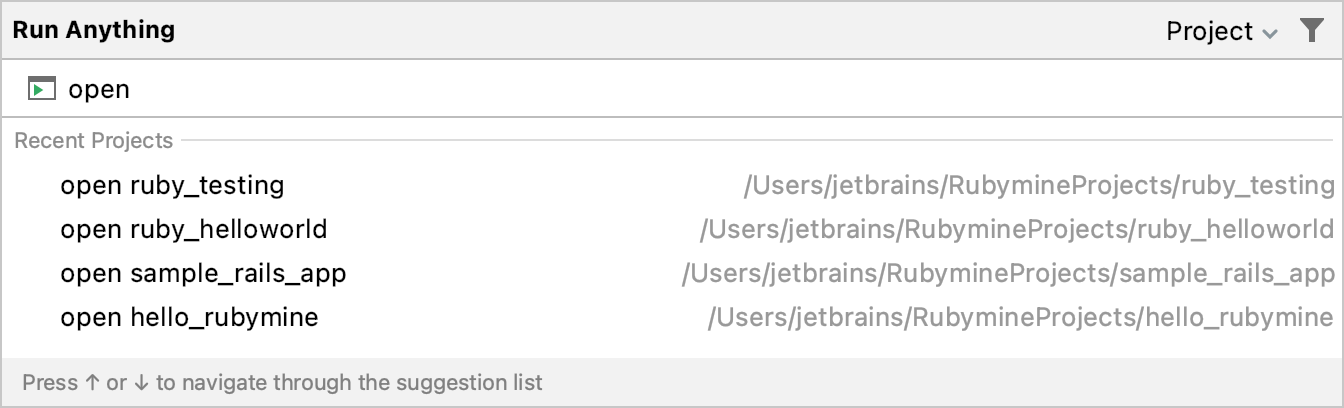 Opening a recent project from the Run Anything popup