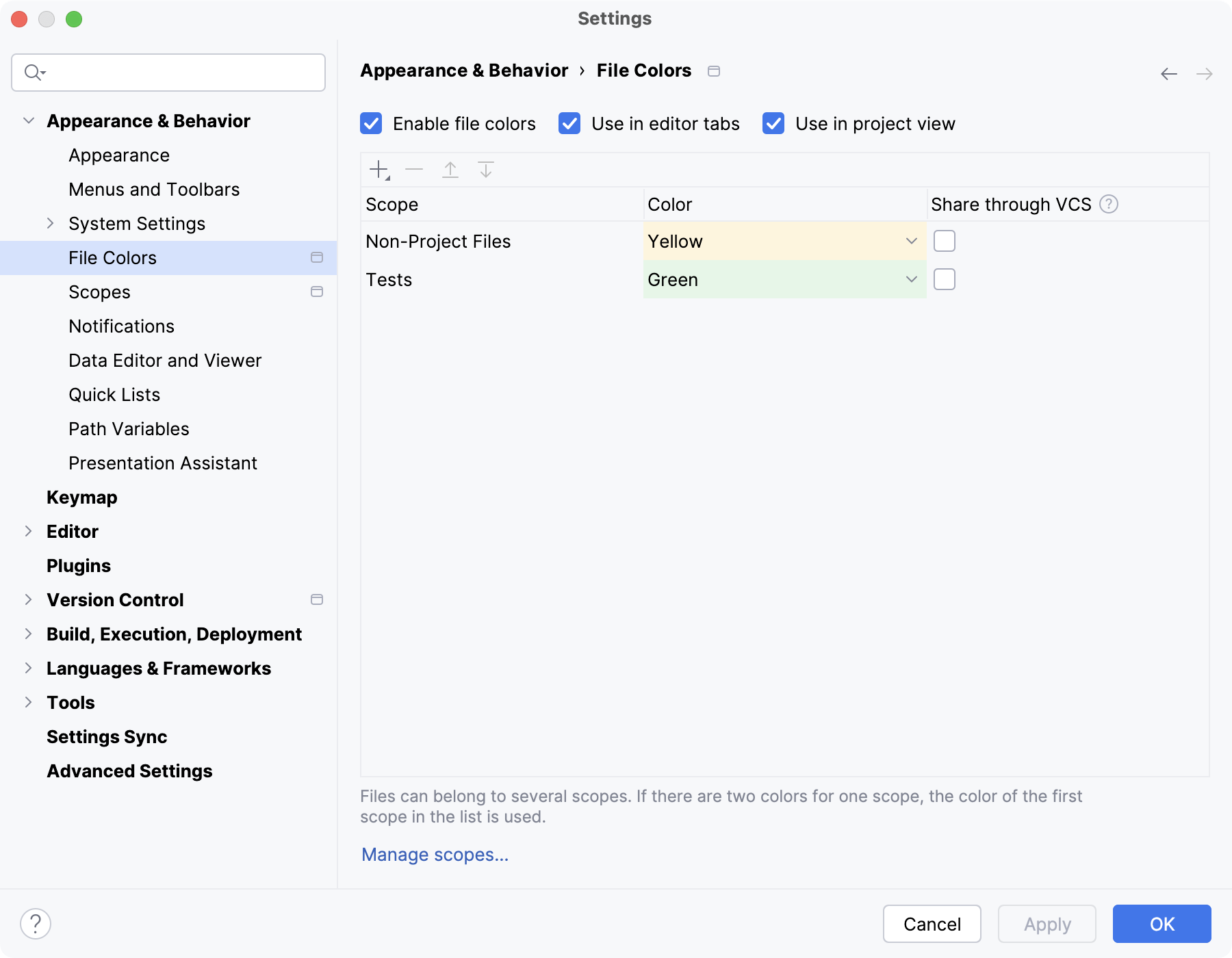 Configuring file colors in Settings